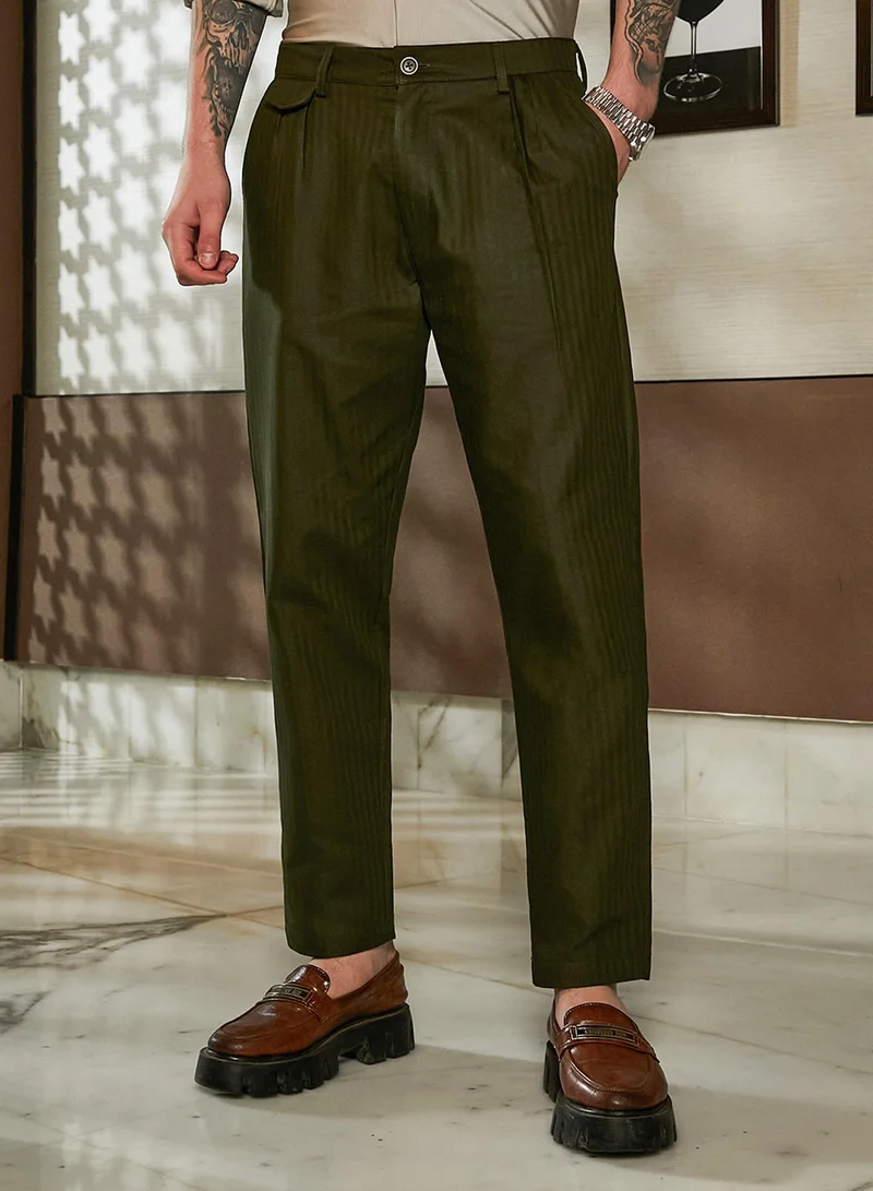 كامبوس سوترا Men's Juniper Green Striped Tailored Trousers For Casual Wear | Mid-Rise | Regular Fit | Button Closure | Trousers Crafted With Comfort Fit For Everyday Wear